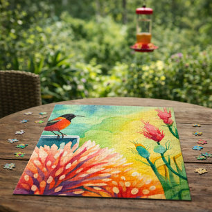 Colorful Hummingbird Floral Watercolor Garden  Jigsaw Puzzle
