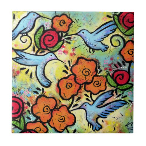 Colorful Hummingbird Garden Ceramic Tile