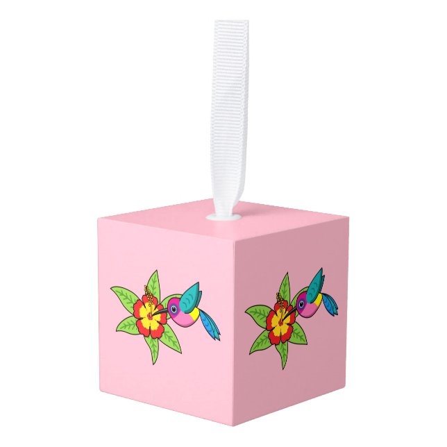 Colorful Hummingbird on Hibiscus Tropical Flower Cube Ornament (Front Angled)