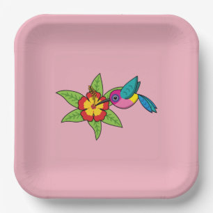 Colorful Hummingbird on Hibiscus Tropical Flower Paper Plates