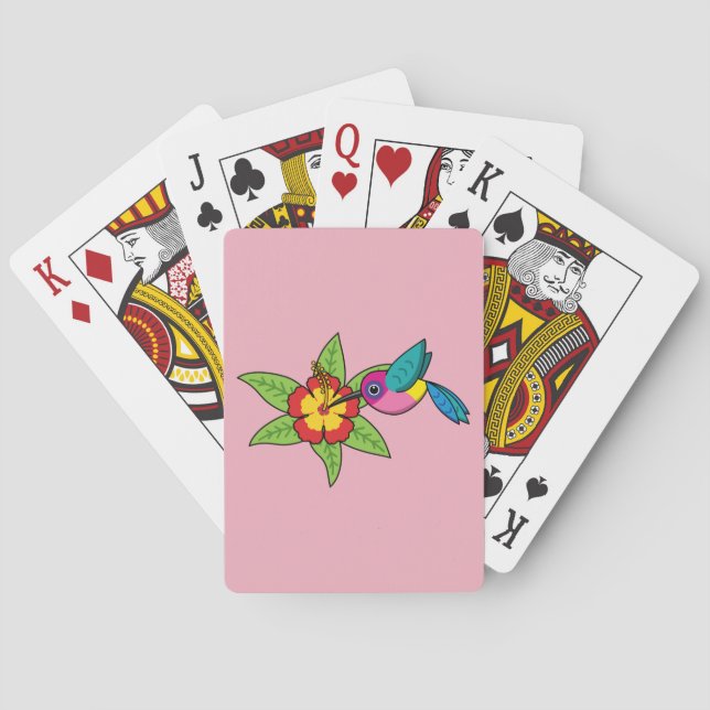 Colorful Hummingbird on Hibiscus Tropical Flower Poker Cards (Back)