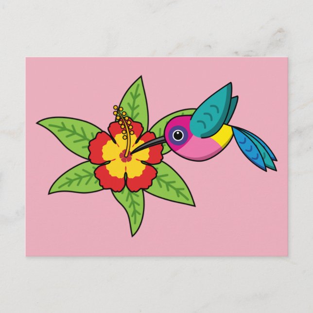 Colorful Hummingbird on Hibiscus Tropical Flower Postcard (Front)