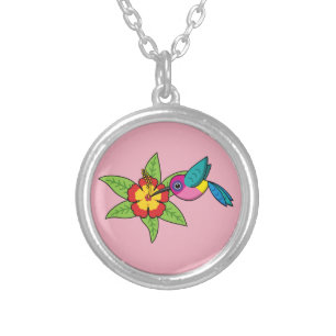Colorful Hummingbird on Hibiscus Tropical Flower Silver Plated Necklace