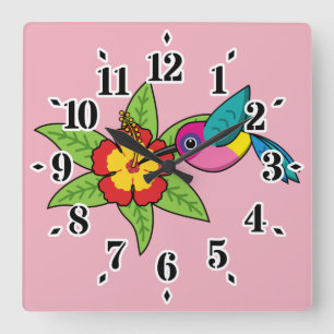 Colorful Hummingbird on Hibiscus Tropical Flower Square Wall Clock