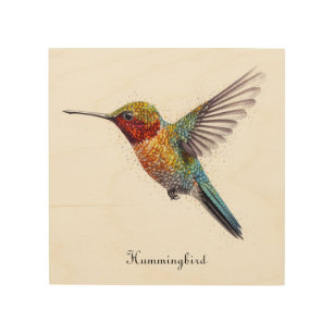 Colorful hummingbird pointillism customizable wood wall art