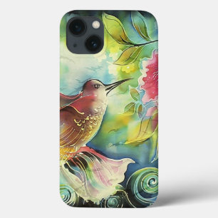 Colorful Hummingbird Silk Art Painting iPhone 13 Case