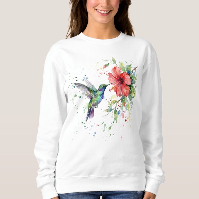 Colorful Hummingbird Watercolor Floral Nature Art Sweatshirt (Front)