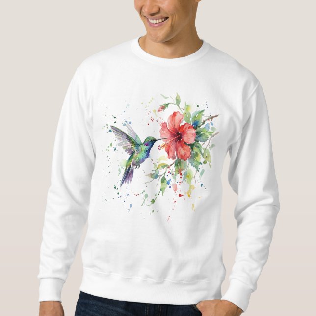 Colorful Hummingbird Watercolor Floral Nature Art Sweatshirt (Front)