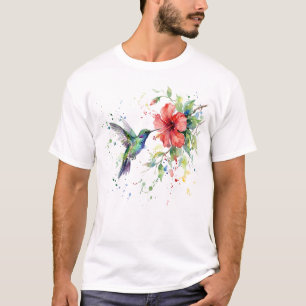 Colorful Hummingbird Watercolor Floral Nature Art T-Shirt