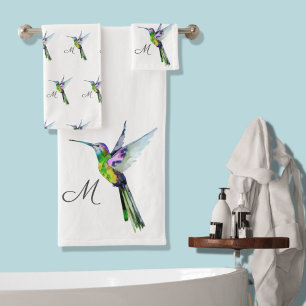 Colorful Hummingbird watercolor Monogram initial Bath Towel Set