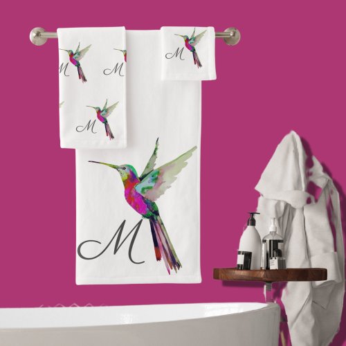 Colorful Hummingbird watercolor Monogram initial   Bath Towel Set
