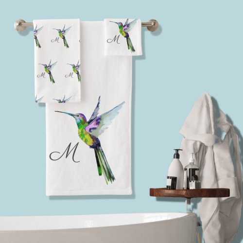 Colorful Hummingbird watercolor Monogram initial   Bath Towel Set