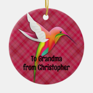 Colorful Hummingbird with Vivid Pink Plaid Ceramic Ornament