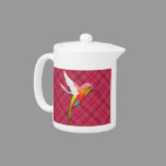 Colorful Hummingbird with Vivid Pink Plaid Teapot