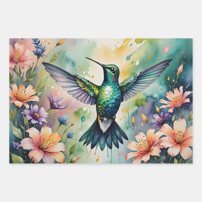 colorful hummingbird wrapping paper sheets (Front)