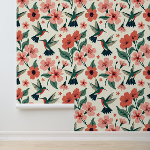 Colorful Hummingbirds and Floral Pattern Wallpaper