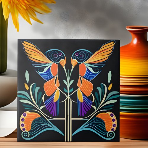 Colorful Hummingbirds Art Nouveau Art Deco Ceramic Tile