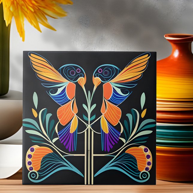 Colorful Hummingbirds Art Nouveau Art Deco Ceramic Tile (Creator Uploaded)