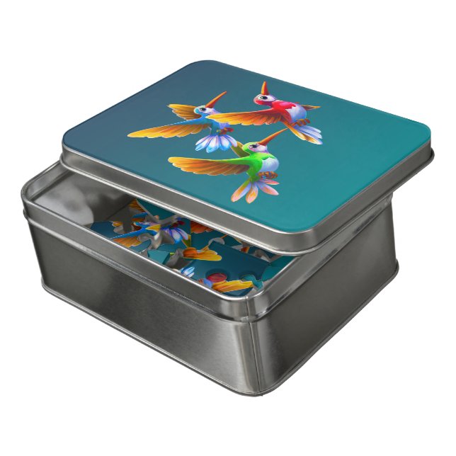Colorful Hummingbirds in Flight Jigsaw Puzzle (Lid Open)