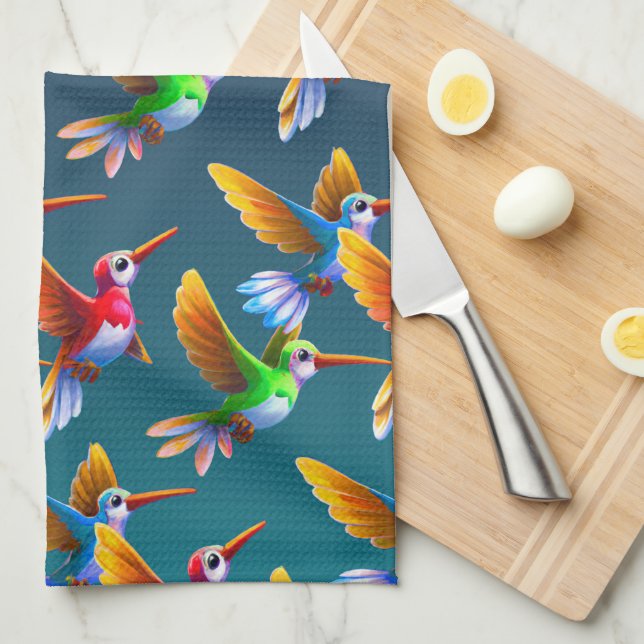 Colorful Hummingbirds in Flight Kitchen Towel (Quarter Fold)