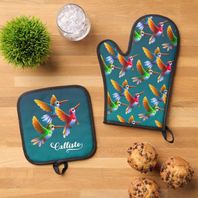 Colorful Hummingbirds in Flight Oven Mitt & Pot Holder Set (Top Down)