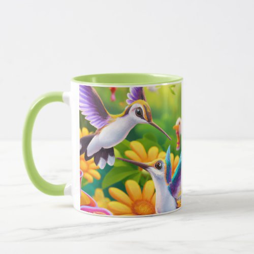 Colorful Hummingbirds in Flight Over Flowers Mug