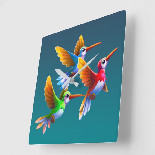 Colorful Hummingbirds in Flight Square Wall Clock