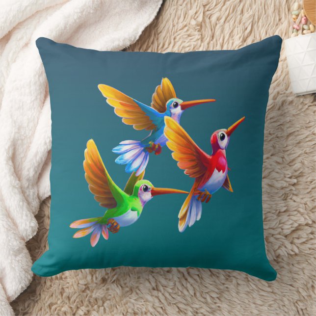 Colorful Hummingbirds in Flight Throw Pillow (Blanket)