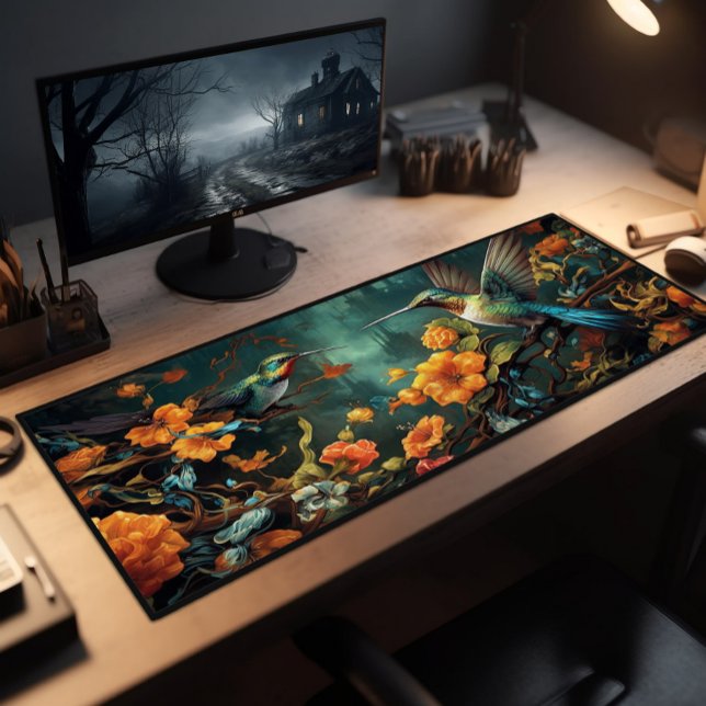 Colorful Hummingbirds In The Garden Desk Mat (Creator Uploaded)