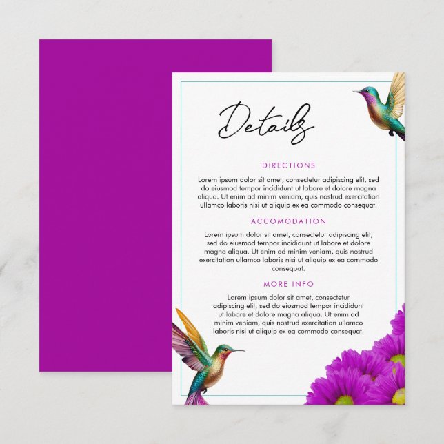 Colorful Hummingbirds Purple Daisies Wedding Enclosure Card (Front/Back)