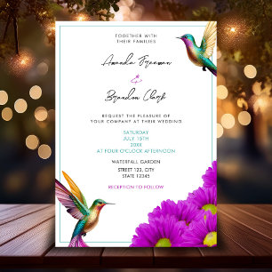 Colorful Hummingbirds Purple Daisies Wedding Invitation