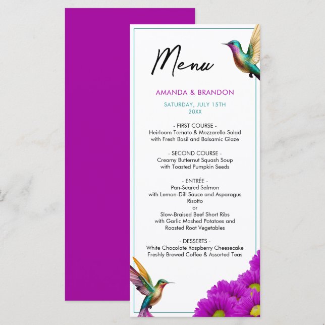 Colorful Hummingbirds Purple Daisies Wedding Menu (Front/Back)