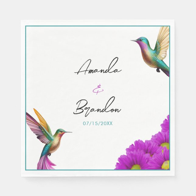 Colorful Hummingbirds Purple Daisies Wedding Napkins (Front)