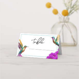 Colorful Hummingbirds Purple Daisies Wedding Place Card