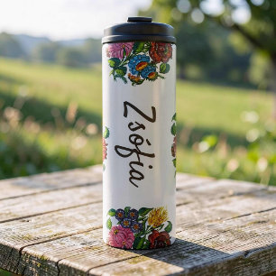 colorful hungarian flowers - custom name thermal tumbler