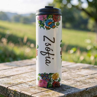 colorful hungarian flowers - custom name thermal tumbler