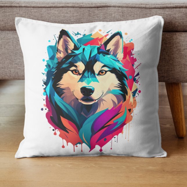 Colorful Husky Dog Head Vibrant Husky Lovers  Throw Pillow (Creator Uploaded)