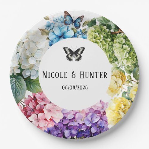 Colorful Hydrangea Floral Butterfly Wedding Paper Plates
