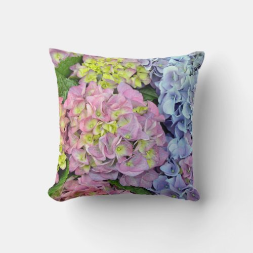 Colorful hydrangea flower print throw pillow