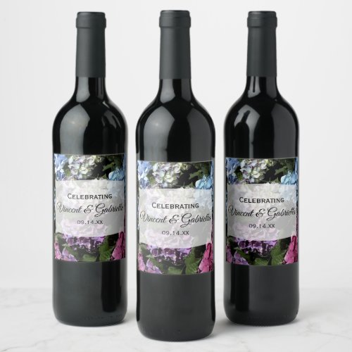 Colorful Hydrangea Flowers Wedding Wine Label