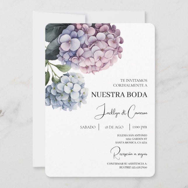 Colorful Hydrangea Spanish Wedding Invitation (Front)