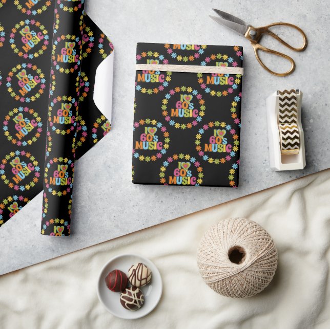 Colorful I Love 60s Music on Black Wrapping Paper (Crafts)