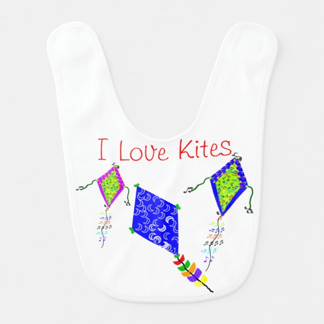 Colorful I Love Kites Musical Notes Crescent Moons Bib (Front)