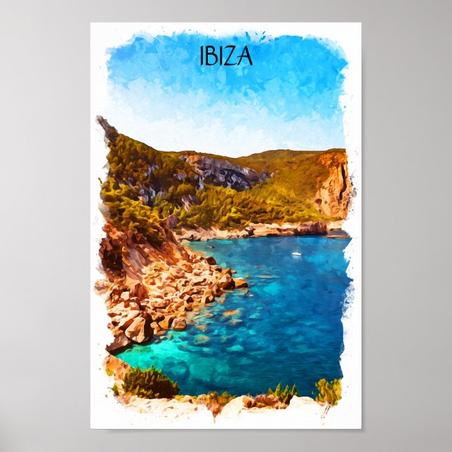Colorful Ibiza Spain Watercolor Landscape Poster (Front)