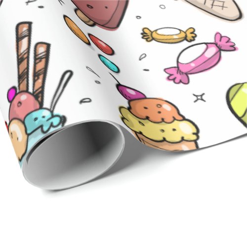 Colorful Ice Cream Candy and Lollies Pattern Wrapping Paper