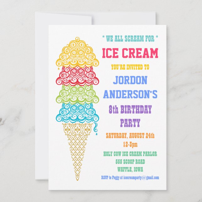 Colorful Ice Cream Cone Party Invitation (Front)