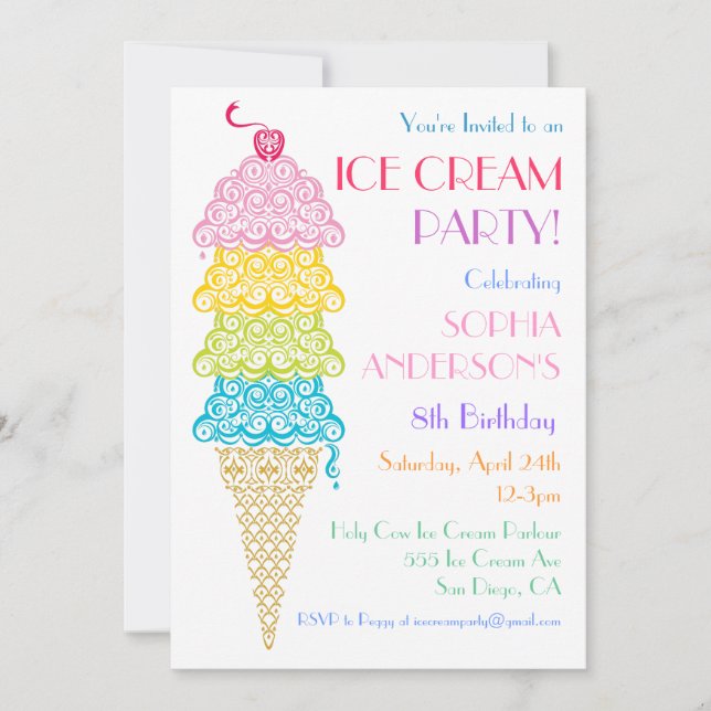 Colorful Ice Cream Cone Party Invitation (Front)