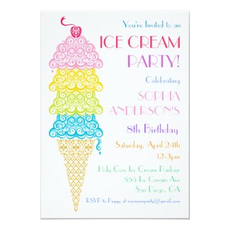 Colorful Ice Cream Cone Party Invitation