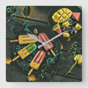 Colorful ice cream cone popsicle square wall clock