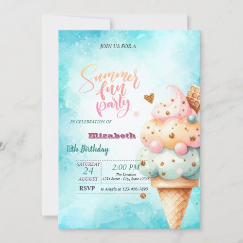 Colorful Ice Cream Cone Summer Birthday Party  Invitation